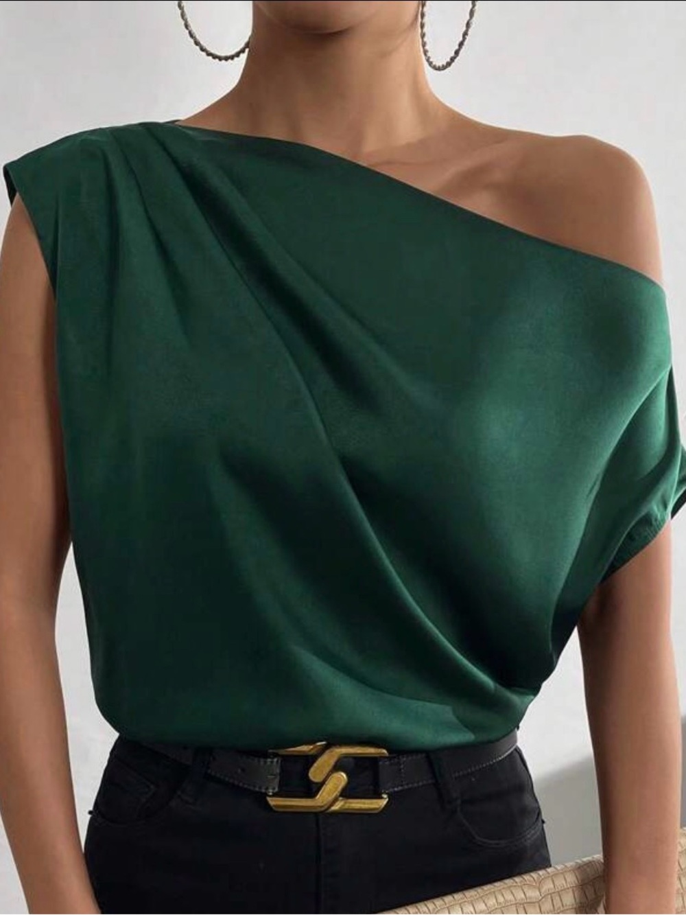 One-Shoulder Satin Blouse in Deep Emerald Green